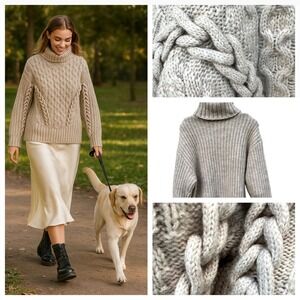 Cable Knit Sweater Women Turtleneck Chunky Cream Fisherman Oversized Size XSmall